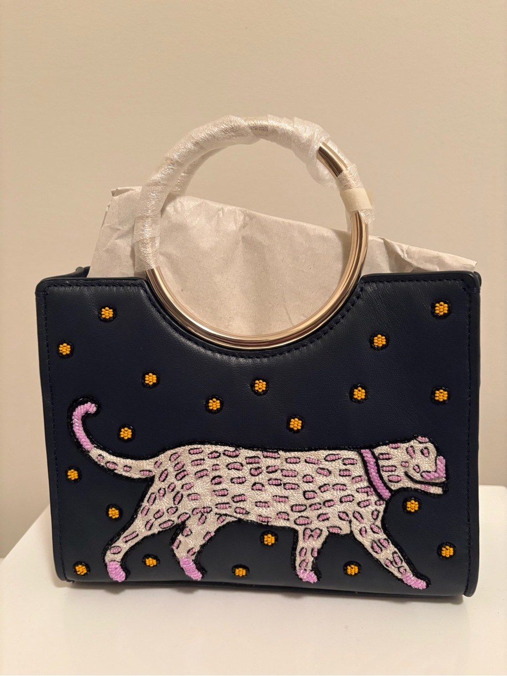 Kate Spade Navy Beaded Panther Handbag with Gold Ring Handles